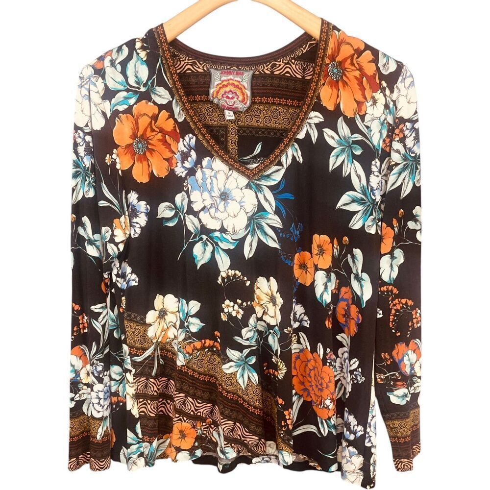 JOHNNY WAS Golden Spring Favorite Long Slv V-neck Swing Tee Bamboo Top